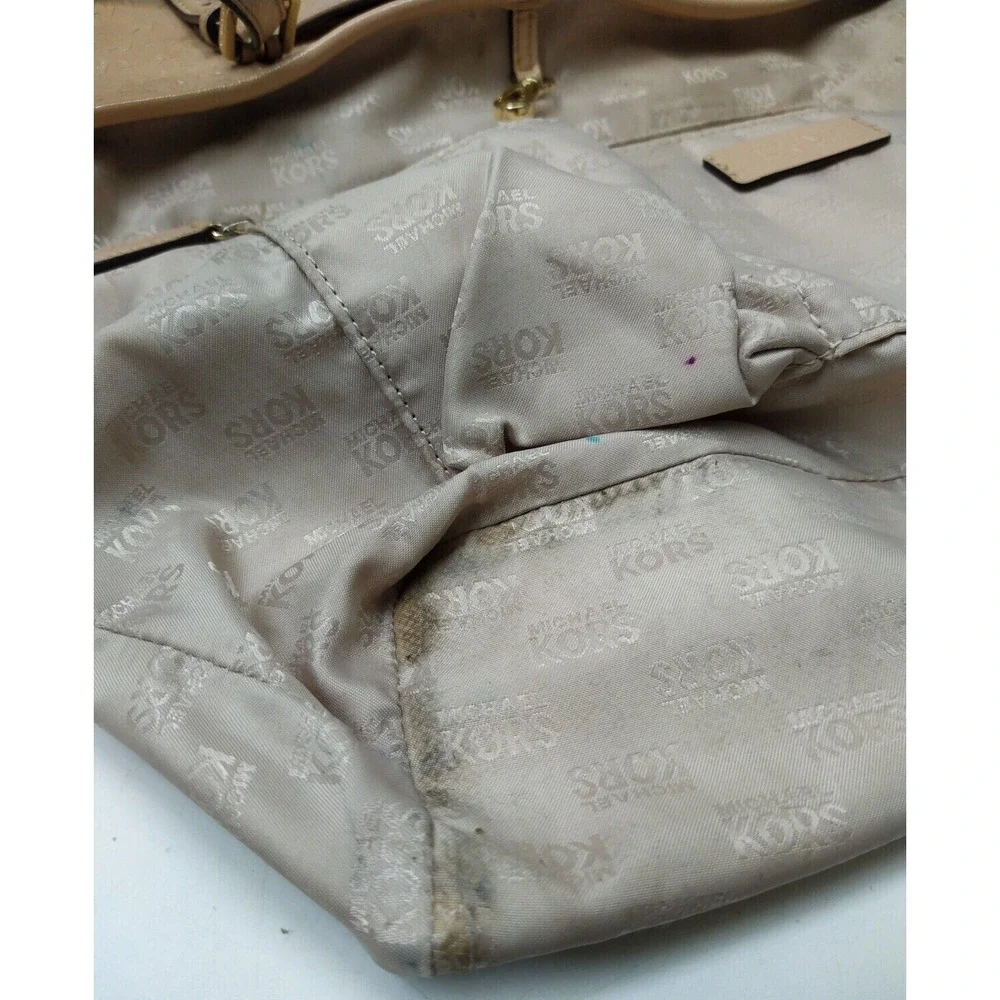 Michael Kors Beige Coated Canvas Leather Trim MK Printed Double Handles Tote Bag
